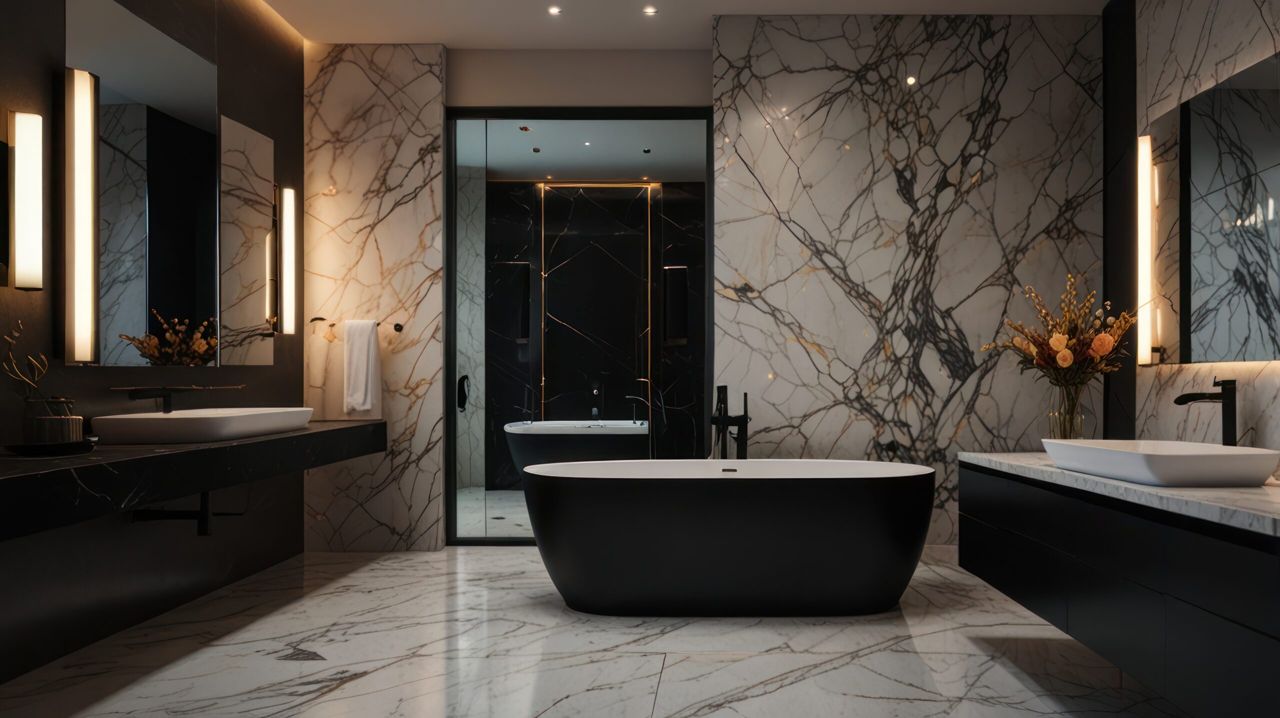 Contemporary black and white luxury bathroom with freestanding tub, dramatic marble walls, and ambient lighting in a high-end estate property.